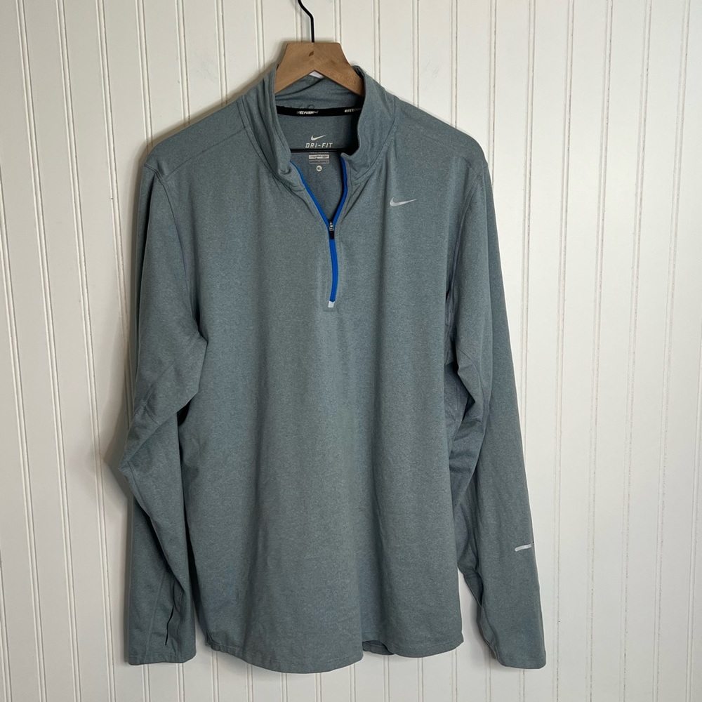 NIKE Running Dri-Fit 1/4 Zip LS Pullover Polyester Gray w/Turquoise Zipper SZ XL